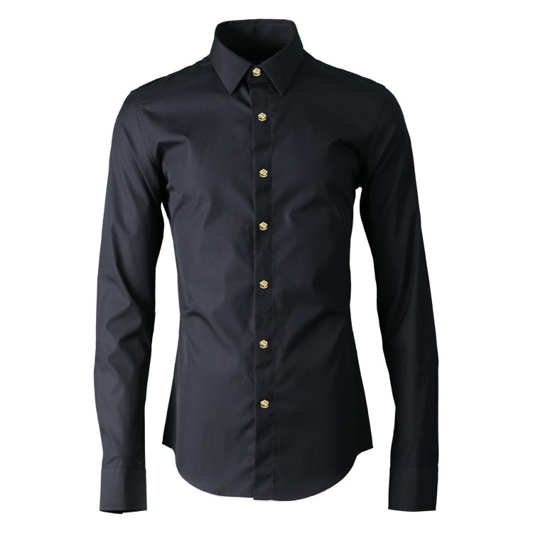 Popular Rose Button and Rivet Decorated Long-Sleeved Shirt for Men, Slim Fit, Business Style, Solid Color Men's Clothing