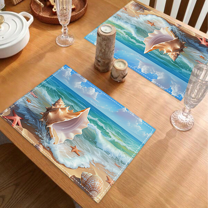 夏のプリント柄リネン製テーブルマット、ホーム、ビーチ、海洋をテーマにした装飾用プレートマット、断熱マット、カップ断熱、北欧風|undefined