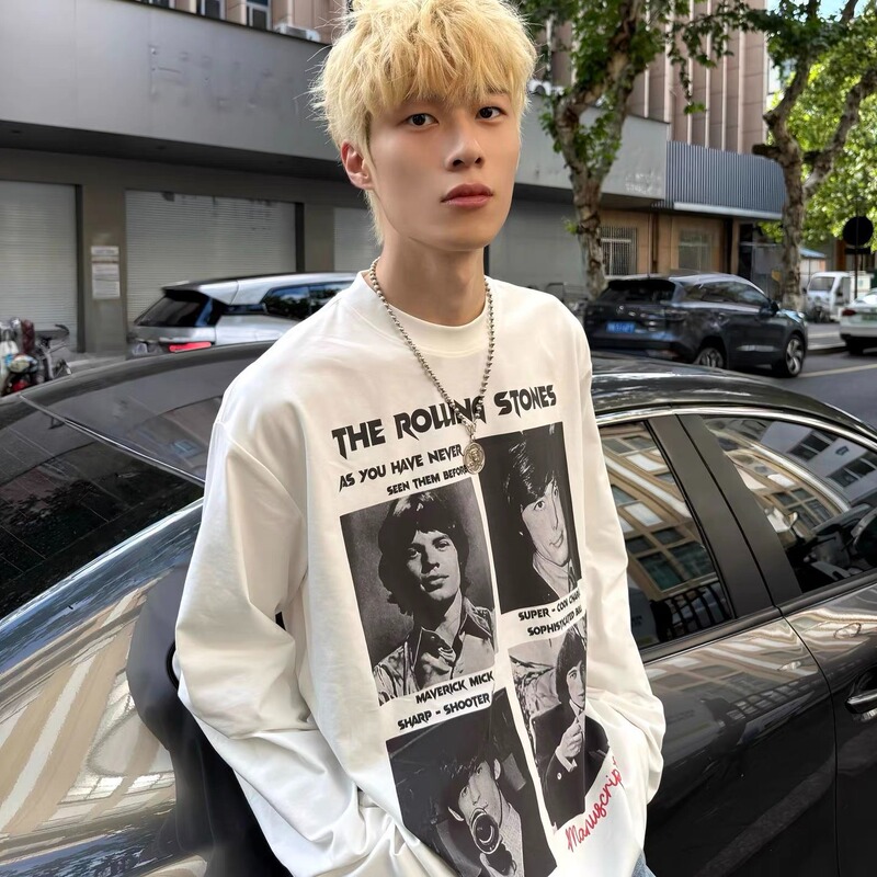 Heavyweight Pure Cotton Rock Band Print Long-Sleeve T-Shirt for Men and Women, Spring and Autumn 2026 New American Retro Top