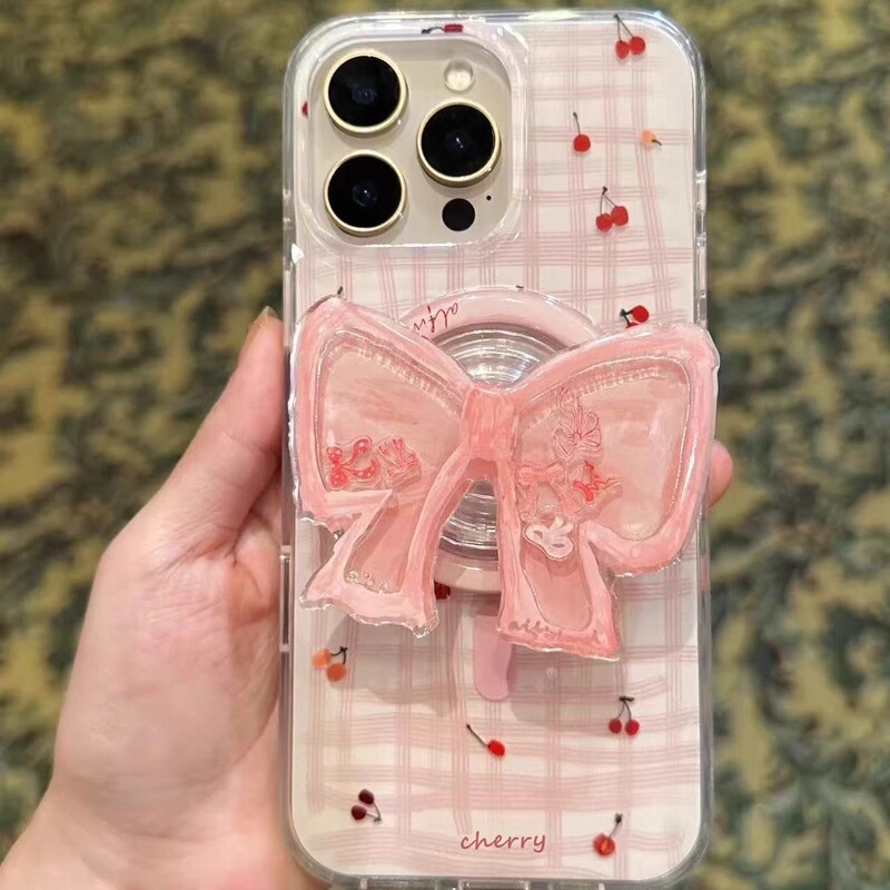 Pink Cherry Bow Case Suitable for Apple iPhone 17, Apple 16/15/Pro Max Soft Case 14/13