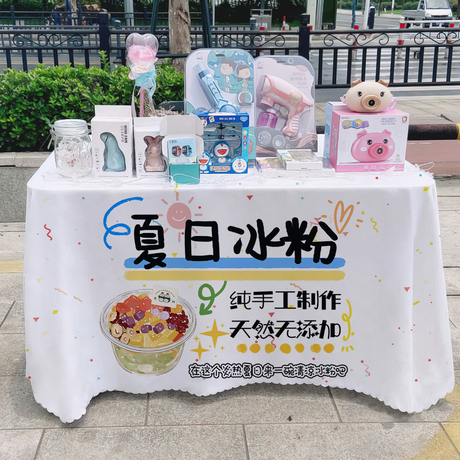 Manos de hielo en polvo toal de mesa letrero de mercado nocturno de alimentos puestos de toal de mesa carro publicidad toal de mesa publicidad toal