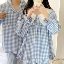 韩国外贸女士韩版ins推荐情侣睡衣格子娃娃领家居服睡衣套装批发