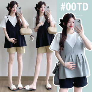 Summer Maternity Dress Fake Two-piece Short-sleeved Doll Shirt Age-reducing Pregnant Women's Top Black No Fade