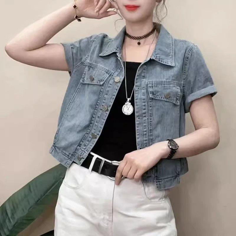 짧은 데님 재킷 여름 반팔 2026 신상 작은 사이즈 카디건 다용도 얇은 스타일리쉬한 라펠 탑