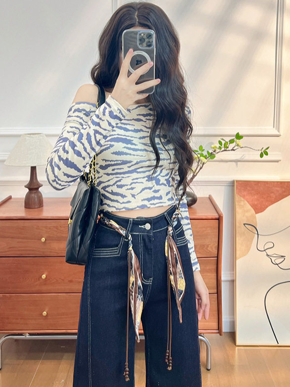 Quần jean nữ ống loe cạp cao co giãn, denim lót lông cừu mùa đông — Màu xanh vàng đen kéo dài, Quần xanh đen vàng, Retro màu xanh chín điểm, Vàng đen xanh chín điểm
