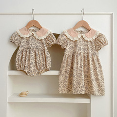 夏季新款女童連衣裙娃娃領嬰兒碎花寶寶短袖包屁哈衣三角爬服姐妹