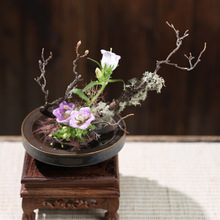 日本进口万古烧卷边高脚花器陶瓷禅意日式小原流池坊花道插花器皿