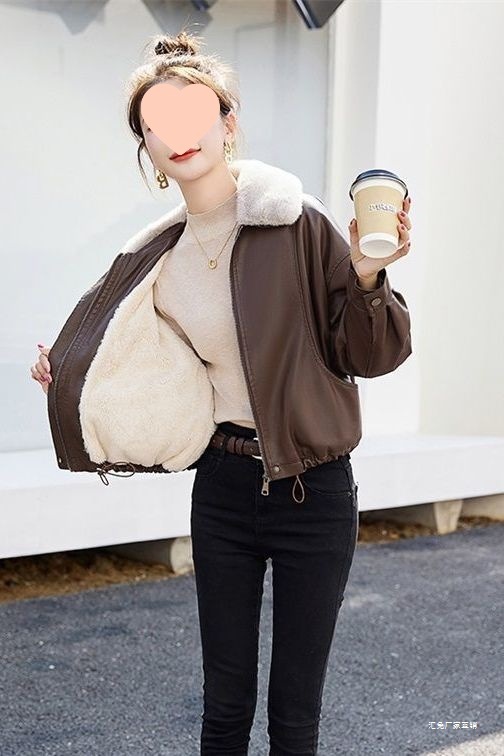Women's Leather Jacket Autumn and Winter 2025 New Style Fleece-Lined, Thickeneded, Loose, Slim, Casual, Stylish, Versatile, Warm with Fur Collar