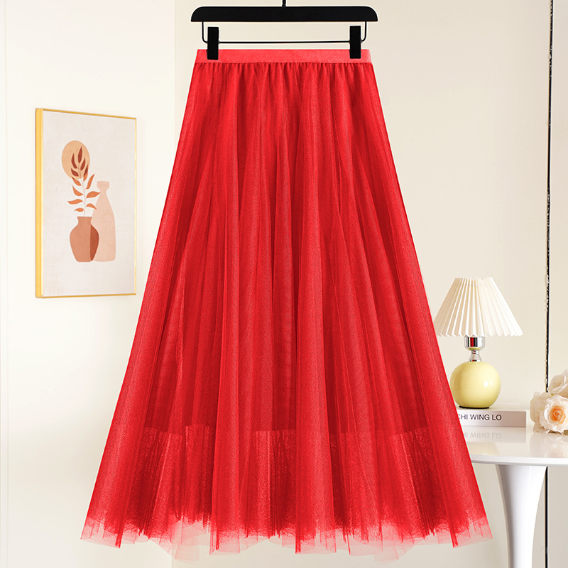 New style high-waisted A-line mesh skirt for square dancing, ballroom dance performance, pleated fairy skirt