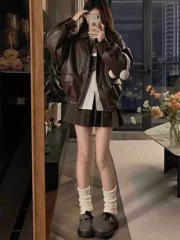 Brown autumn jacket, long-sleeve, Korean style, oversize