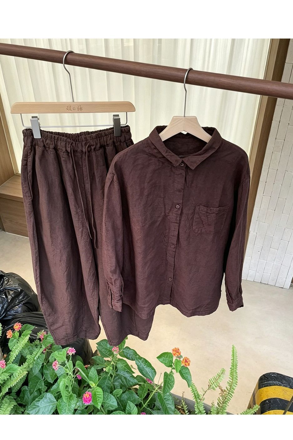 Retro Vintage Style Women's Linen Two Piece Suit High End Cotton And Linen Brown Shirt Casual Pants Spring Relaxed Fashionable_ecoleips.com