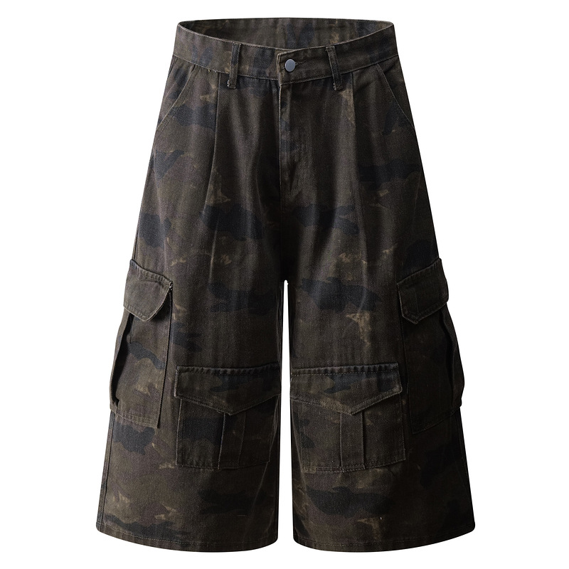 2025 New Summer Thin Camouflage Denim Capri Pants Men's American Retro Washed Wide-Leg Loose Straight Pants