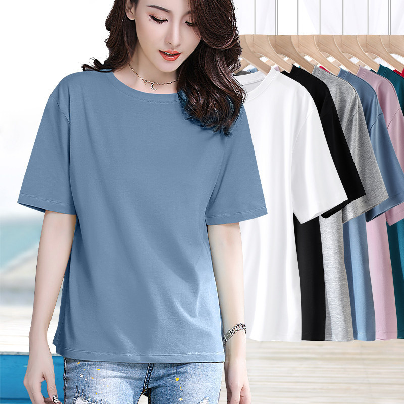 Haze Blue Short-Sleeved T-Shirt for Women, Summer Cotton, Loose Fit, Slimming, Solid Color, Plus Size, Versatile, Simple, Casual Top Haze Blue Short-Sleeved T-Shirt for Women, Summer Cotton, Loose Fit, Slimming, Solid Color, Plus Size, Versatile, Simple, Casual Top