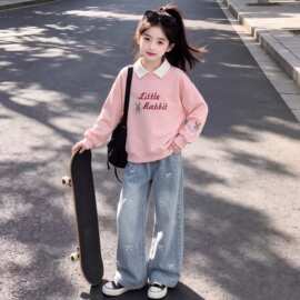 中大童2026女童春秋季可爱翻领卫衣学院风蝴蝶结牛仔裤两件套装潮