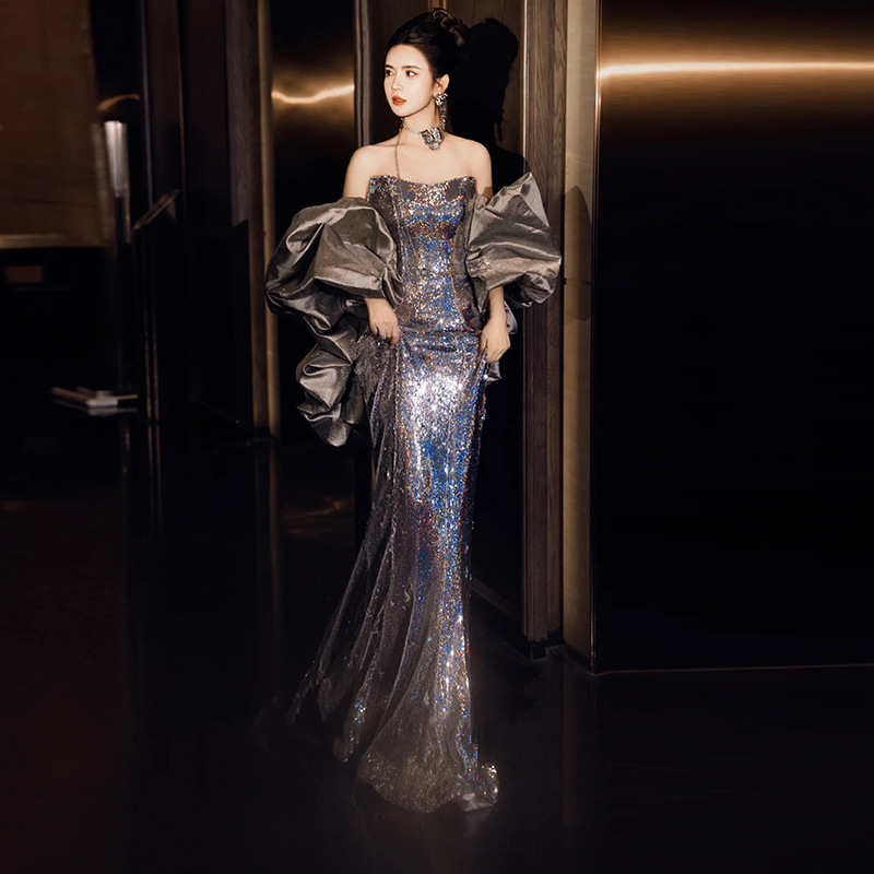 Silver Sequined Fishtail Evening Dress, Long Dress, Female Host, Socialite Banquet, Annual Meeting, Light Luxury Tube Top Dress