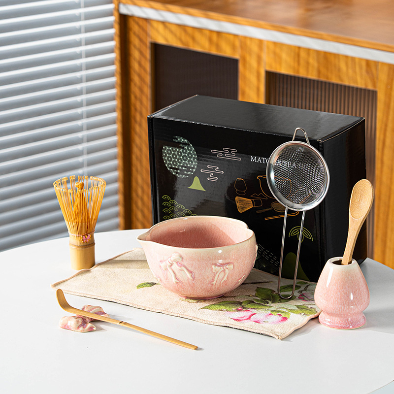 跨境专供新款抹茶碗带嘴陶瓷日式抹茶套装彩盒7件套爱心百本立|undefined