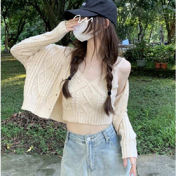春秋温柔风软糯麻花V领毛衣外套甜美设计感小众短款两件套针织衫|undefined