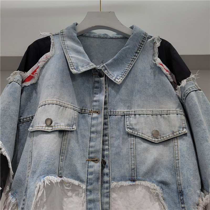 Chaqueta Corta de Mezclilla con Estampado de Letras y Color Contraste para Mujer de Poliéster