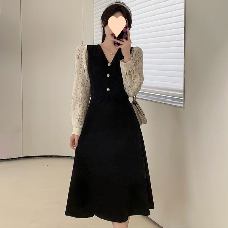 大码假两件领连衣裙女春秋新款设计感气质裙子拼接收腰显瘦长裙|undefined