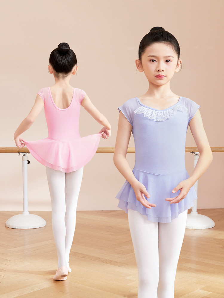 Ropa de baile para niños Vestido de una sola pieza Encaje de algodón de manga corta Cuello de loto Traje de una sola pieza Práctica de ballet Ropa de baile nacional chino