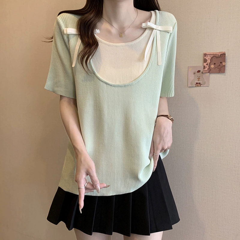 Женская трикотажная футболка из ледяного шелка с короткими рукавами Dopamine, летняя, больших размеров, утягивающая, модная, стильная, искусственный топ из двух частей.