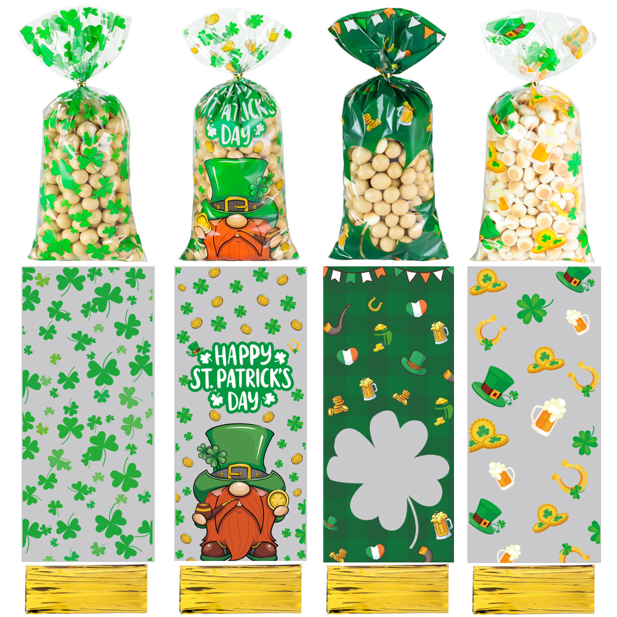 Bolsas de regalo del día de Irlanda Amazon nuevas bolsas de vinos de cuatro hojas monedas de oro de papel de vidrio dulces bolsas de alimentos