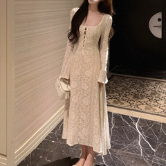 2025早秋喇叭长袖长裙修身收腰连衣裙女黑色长款黑色短款其它