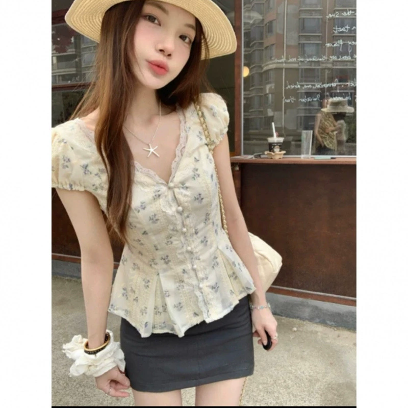 Французская кружевная рубашка с v-образным вырезом и короткими рукавами для женщин, большие размеры, летняя мятная мамбо в стиле пустыни с цветочным принтом