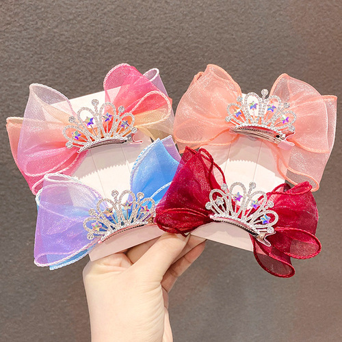 Children's Lace Elsa Princess Crown Bow Hair Clip Headwear Girls Baby Hair Clip Girls Three-dimensional Top Clip