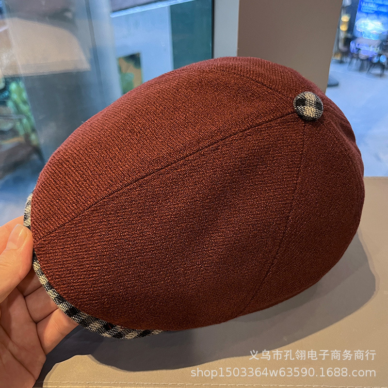 2025新款复古文艺格纹反戴前进帽子女冬季英伦风百搭毛呢贝雷帽潮|undefined