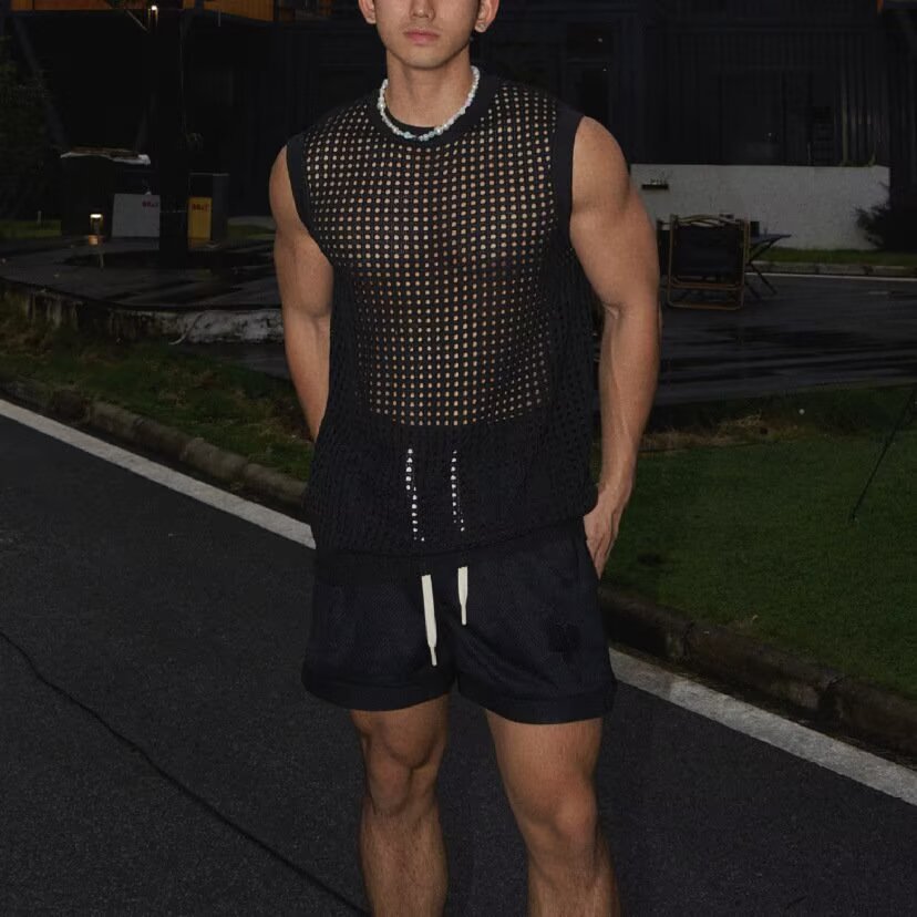 Canotta uomo in maglia traforata top pullover semi-trasparente_voghion.com