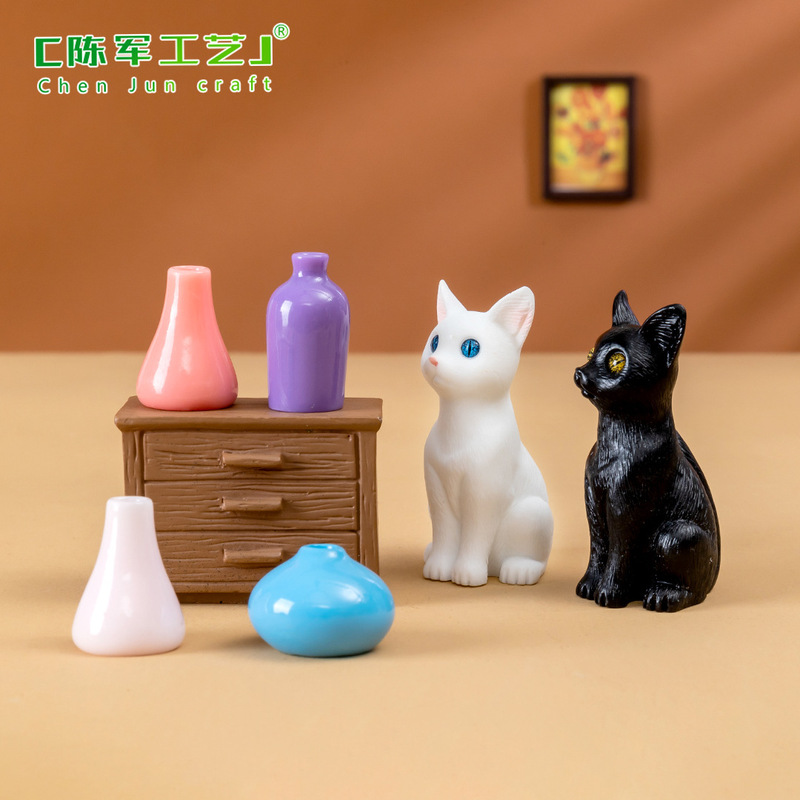 マイクロ風景シミュレーションカラーフラワーボトル黒と白の子猫人形クリエイティブホームデコレーションアクセサリーデスクトップ装飾品|undefined