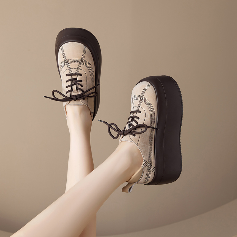 Giày sneaker nữ chunky đế dày mũi tròn phối màu dây buộc cổ thấp thu đông da thật — màu đen, màu mơ