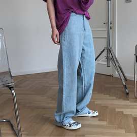 夏季新韩复古麻感高腰直筒阔腿牛仔裤宽松显高显瘦休闲浅蓝长裤女