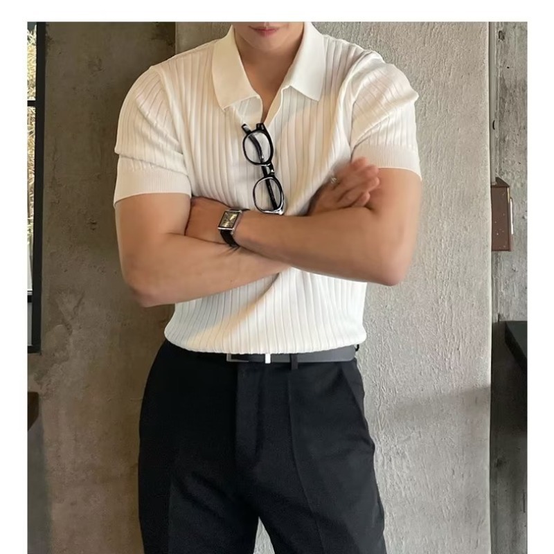 Hombre polo de manga corta de moda coreana camiseta de solapa para hombre 2025 verano delgada camiseta de punto de color sólido versátil