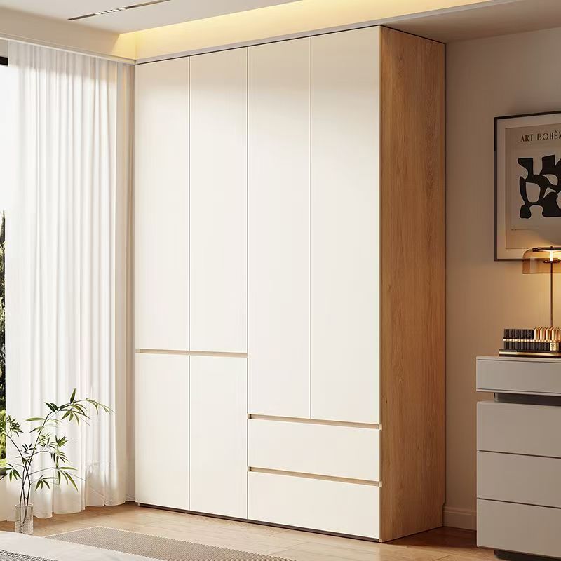 Guangdong Foshan All Solid Wood Wardrobe Oak Home Bedroom Japanese Style Pure Natural Wood Milk White One-Door to the Ceiling Large Wardrobe