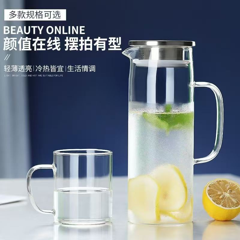 Para la hospitalidad en el hogar, hervidor de agua frío con tapa de bambú, tetera recta con alto contenido de borosilicato, tetera para bebidas frías con jugo, tetera resistente a altas temperaturas