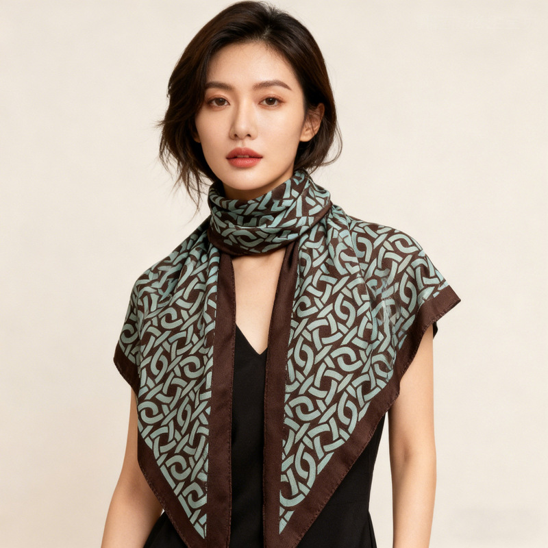Mulberry Silk Wool 75*150 Silk Wool Triangle Scarf for Women, Brown Chain Pattern, Suitable for Spring, Autumn, and Winter, Shawl, Neck Protector, Scarf