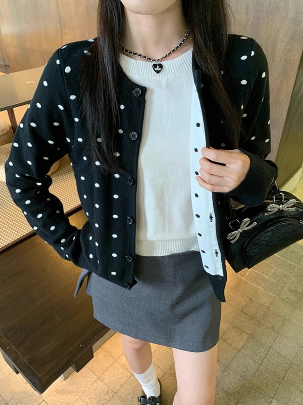 黑色波点假两件针织开衫外套女秋季韩系宽松设计感长袖上衣|undefined