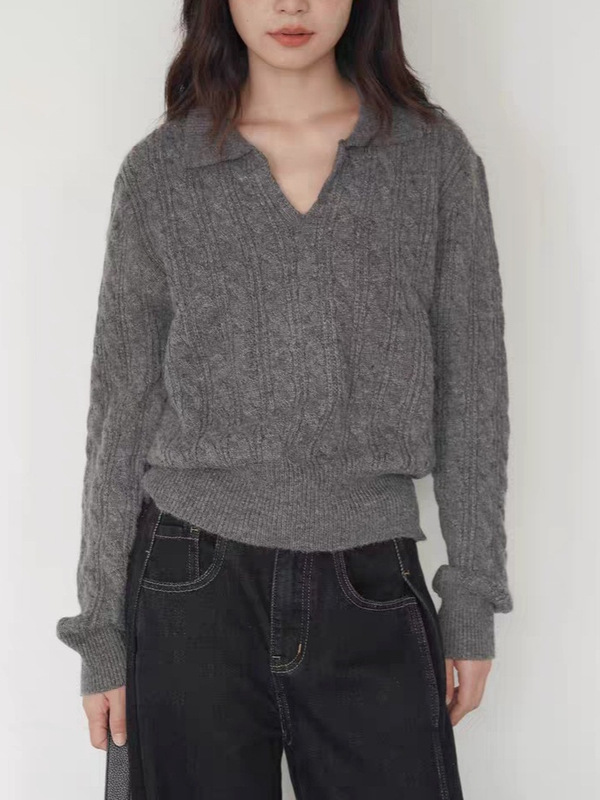 EIGHTMONTH灰色polo领麻花毛衣女秋冬季宽松复古套头外穿针织上衣|undefined