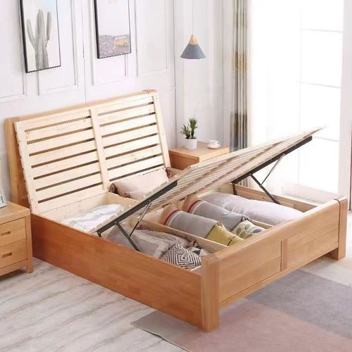 Beech wood solid bed 1.8 meters modern minimalist 1.5 meters master double bed with storage high box bed in natural wood color large wedding bed