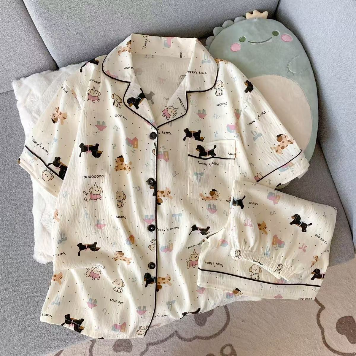 Impresión de dibujos animados nubes de algodón pijama de mujer verano nuevo suelto delgado tamaño grande dos piezas de mangas cortas pantalones cortos ropa para el hogar