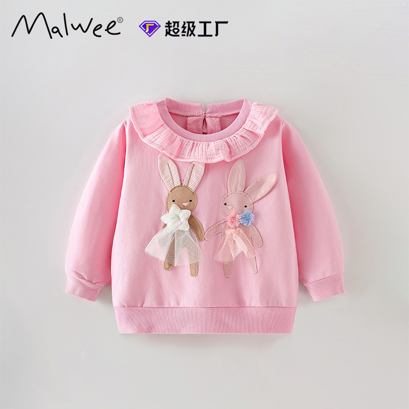 Cross-border malwee niñas chaqueta de otoño nuevo estilo europeo y americano para niños de cuello redondo camiseta de manga larga ropa infantil