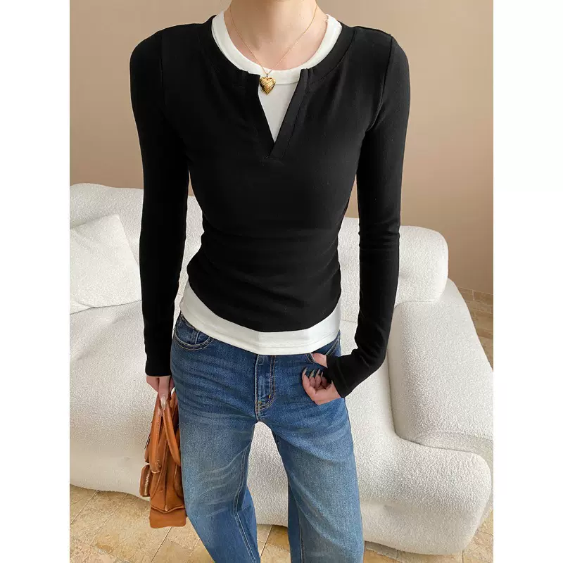 司南 早秋新款 设计感拼色假两件叠穿修身正肩T恤打底衫 SN7738