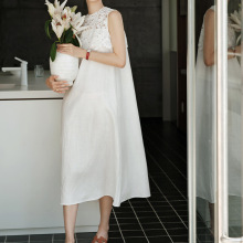 现货2025春夏亚麻天丝重工蕾丝老钱松弛感法式度假无袖背心连衣裙