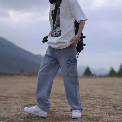 Trendy Japanese-style built-in belt cargo pants blue jeans men's loose-fitting versatile wide-leg straight-leg casual pants