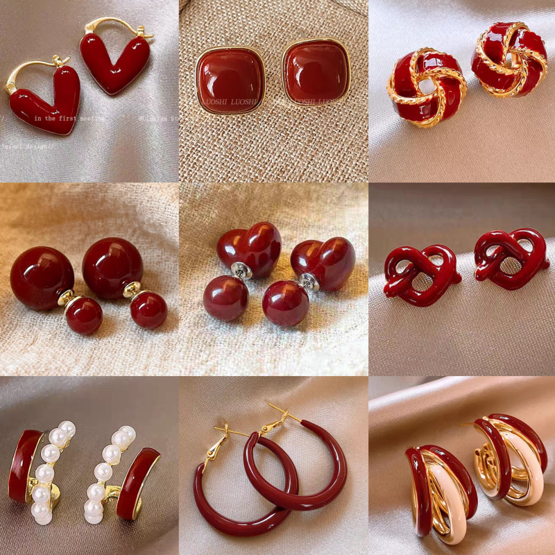 autumn and winter new year earrings feel ankela red female texture special interest earrings all-match earrings wholesale