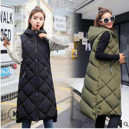 2025 Women's Autumn and Winter down Cotton Vest Hooded Sleeveless Cotton Waistcoat Warm Vest Wholesale Mid-Length Cotton Vest for Women