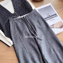 CHAO级推荐！灰色立裁羊毛呢阔腿裤女秋冬新款时髦窄腰抽绳弯刀裤