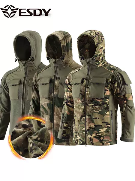 Esdy Outdoor Camouflage Fleece Jacket with Patchwork Design, Men's Windbreaker with Warm Inner Lining and Fleece Jacket, Outdoor Casual Clothing